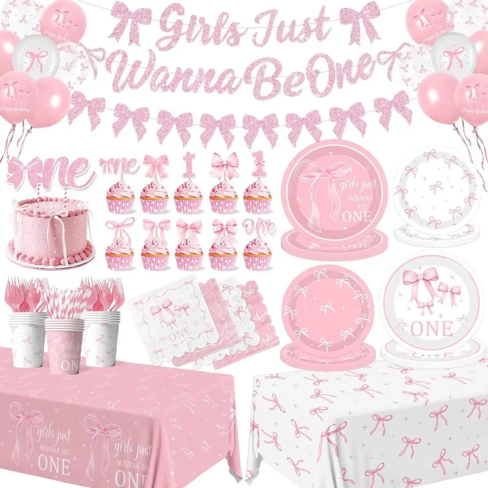 GIRLS JUST WANNA BE ONE Pink Bow 1st Birthday Decorations, Serve 25 Guests